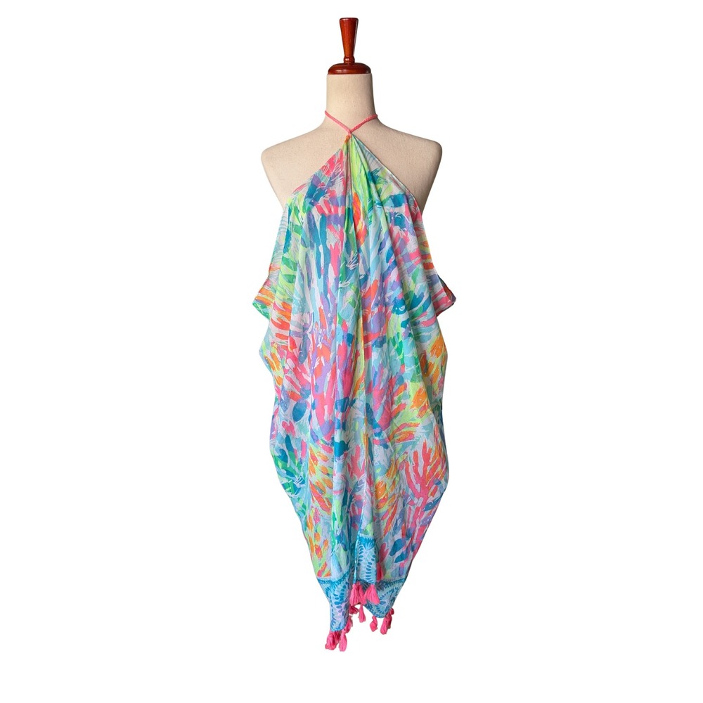 Lilly‎ Pulitzer Womens Multi Color Coral Print Halter Tassel Beach Coverup 25401